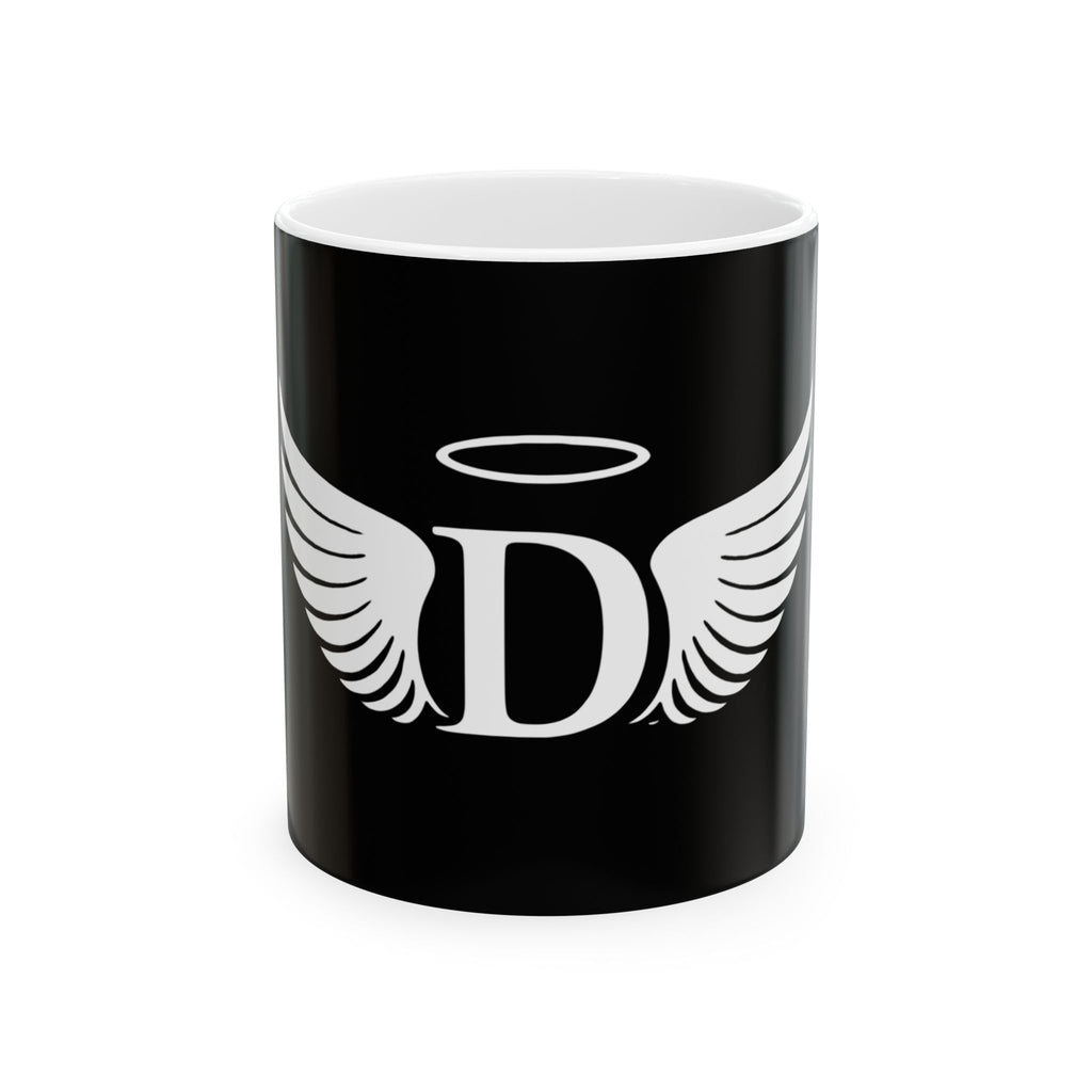 Angel Initial 'D' Black Ceramic Mug — Personalized Halo & Wings Coffee Cup (11oz, 15oz)