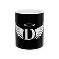 Angel Initial 'D' Black Ceramic Mug — Personalized Halo & Wings Coffee Cup (11oz, 15oz)