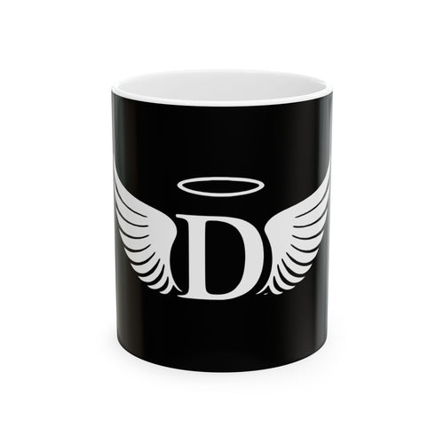 Angel Initial 'D' Black Ceramic Mug — Personalized Halo & Wings Coffee Cup (11oz, 15oz)