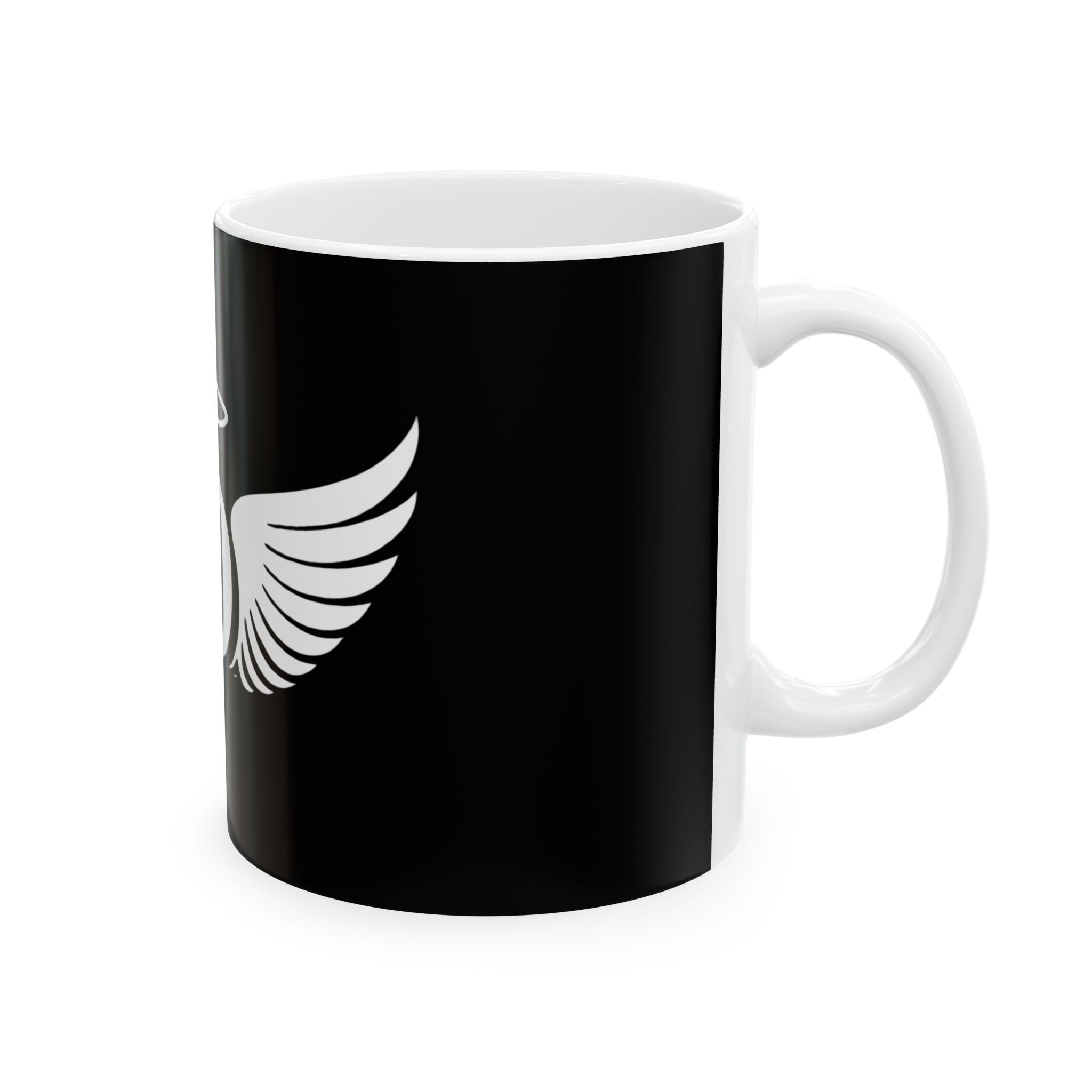 Angel Initial 'D' Black Ceramic Mug — Personalized Halo & Wings Coffee Cup (11oz, 15oz)