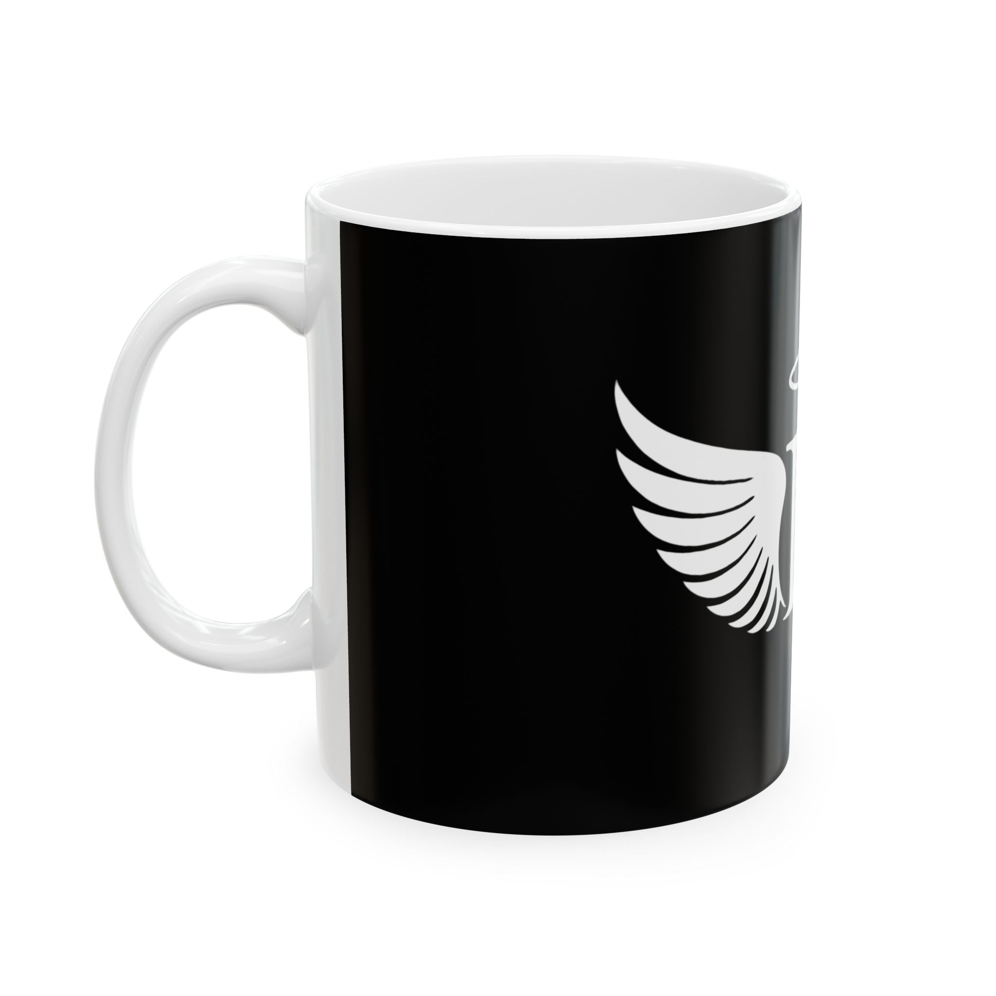 Angel Initial 'D' Black Ceramic Mug — Personalized Halo & Wings Coffee Cup (11oz, 15oz)